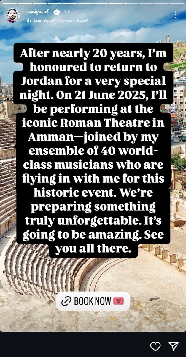 GhudyAngelConda's tweet photo. It's OFFICIAL!! After nearly 20 years, @SamiYusuf will be returnes to performing at Roman Theatre in Jordan on June 21st
Link Below: https://t.co/aJNChgiXls…
#whenpathsmeet #ecstasyalbum #samiyusuf #spiritique #mystique #musiccommunity #musictwt https://t.co/tNnIN6jZjH
