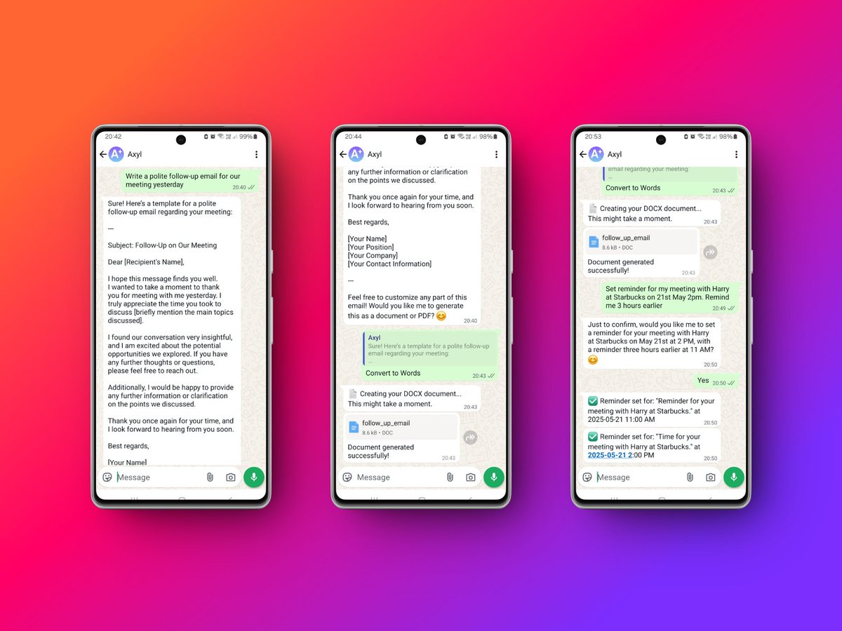 axylassistai's tweet photo. 🚀 Tired of switching apps just to stay organized?

Meet Axyl - Your AI assistant inside WhatsApp.

Write letters, Export to PDF/DOCX, Set reminders, Generate AI images, Translate in 100+ languages

No apps. No learning curve. ⚡

👉Start from $9/month → https://t.co/xT3JE3vJGR https://t.co/fpP6jvTGjo