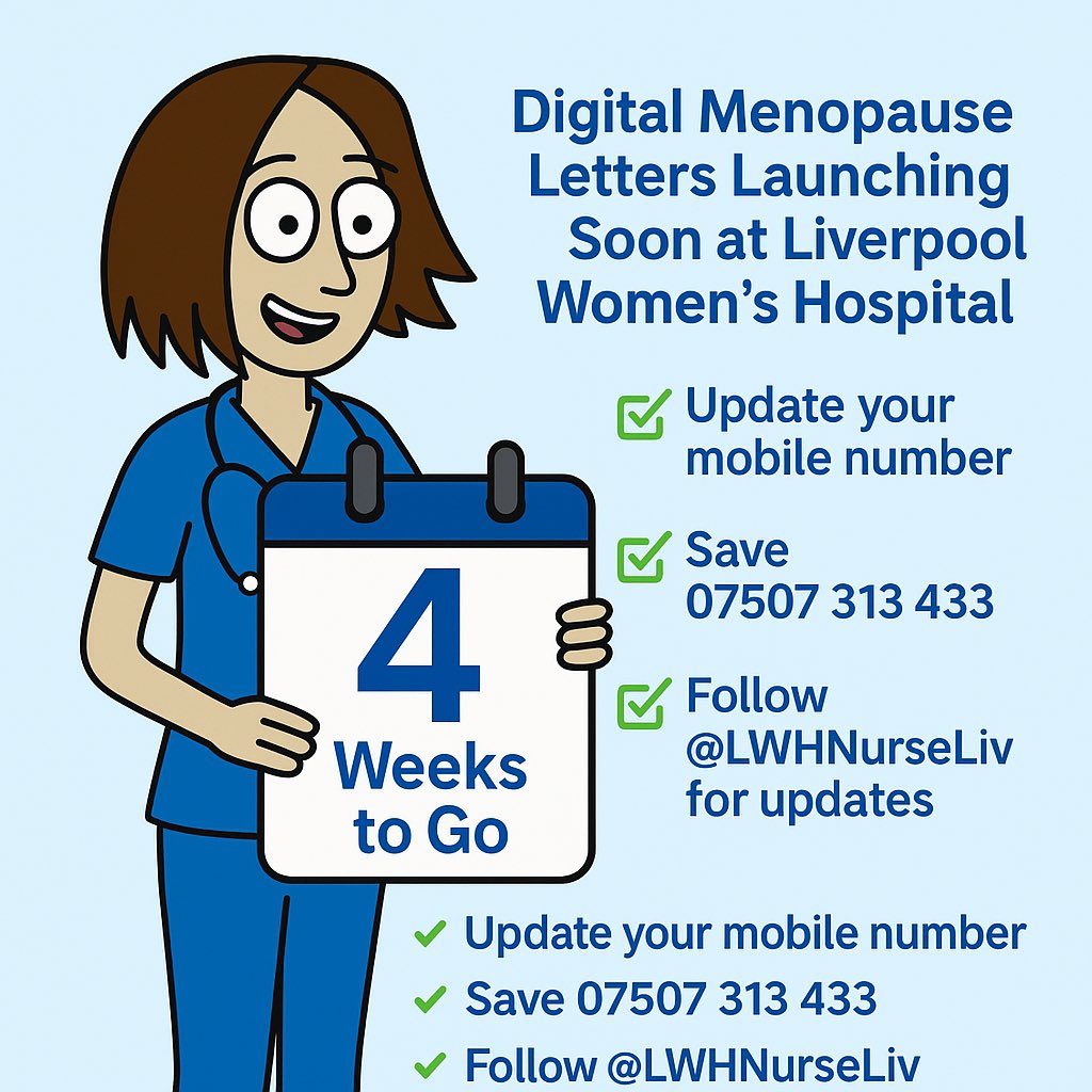 Nurse Liv (@lwhnurseliv) on Twitter photo We’re now just 4 weeks away from launching digital menopause letters at <a href="/LiverpoolWomens/">Liverpool Women's</a>.
Want to get ready?
✅ Update your mobile number
✅ Save 07507 313 433
✅ Follow me for updates
#CountdownToCare #NurseLiv #MenopauseMatters We’re now just 4 weeks away from launching digital menopause letters at <a href="/LiverpoolWomens/">Liverpool Women's</a>.
Want to get ready?
✅ Update your mobile number
✅ Save 07507 313 433
✅ Follow me for updates
#CountdownToCare #NurseLiv #MenopauseMatters