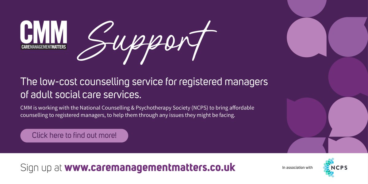 📢 Introducing CMM Support – the new low-cost counselling scheme for registered managers in adult social care.
A simple, flexible way to access support when it’s most needed. 

👇 Read on to find out more.