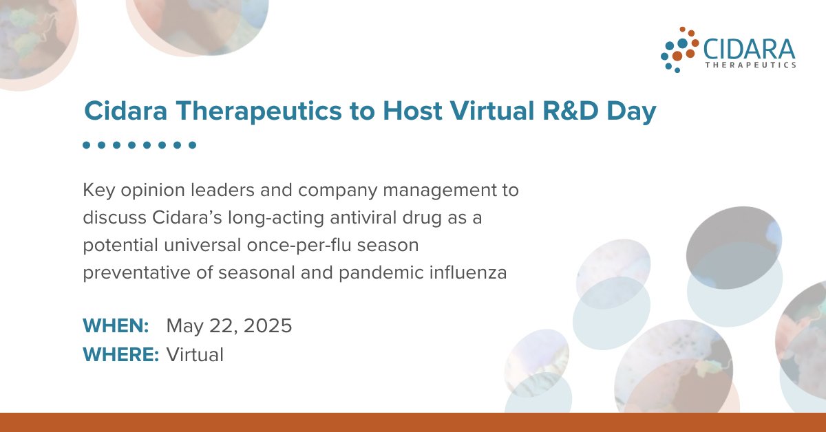 We will host a virtual R&amp;D day next Thursday, May 22, from 10-11:30 am ET where key opinion leaders will join company management to discuss our long-acting antiviral drug as a potential universal, once-per-flu season preventative. Read more: cidara.com/news/cidara-th…