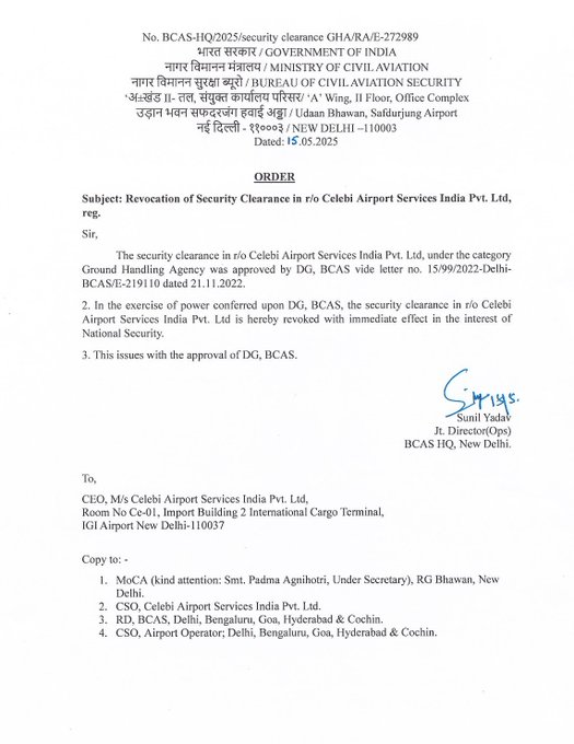 ANI's tweet photo. Bureau of Civil Aviation Security revokes security clearance for Celebi Airport Services India Pvt Ltd with immediate effect in the "interest of national security" https://t.co/A4YGBtUQcc