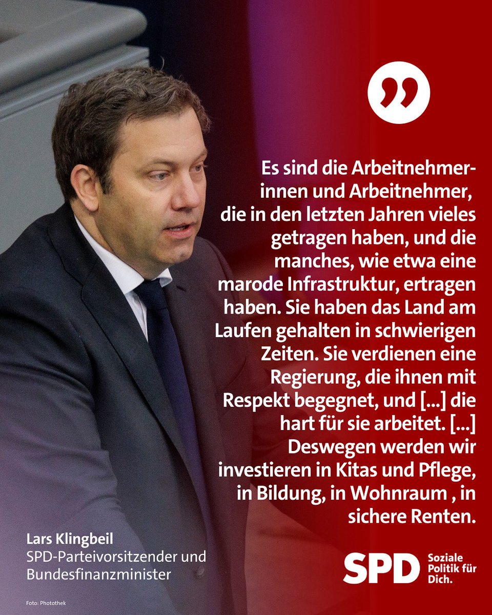 seeheimer's tweet image. Klarer Kurs für Respekt und Entlastung.
Lars Klingbeil stellt klar: Politik muss denen dienen, die hart arbeiten und unser Land in schwierigen Zeiten am Laufen halten. Gerade sie sind es, die die auswirkungen maroder Infrastruktur, zu wenig Wohnraum oder fehlenden Kitaplätzen…