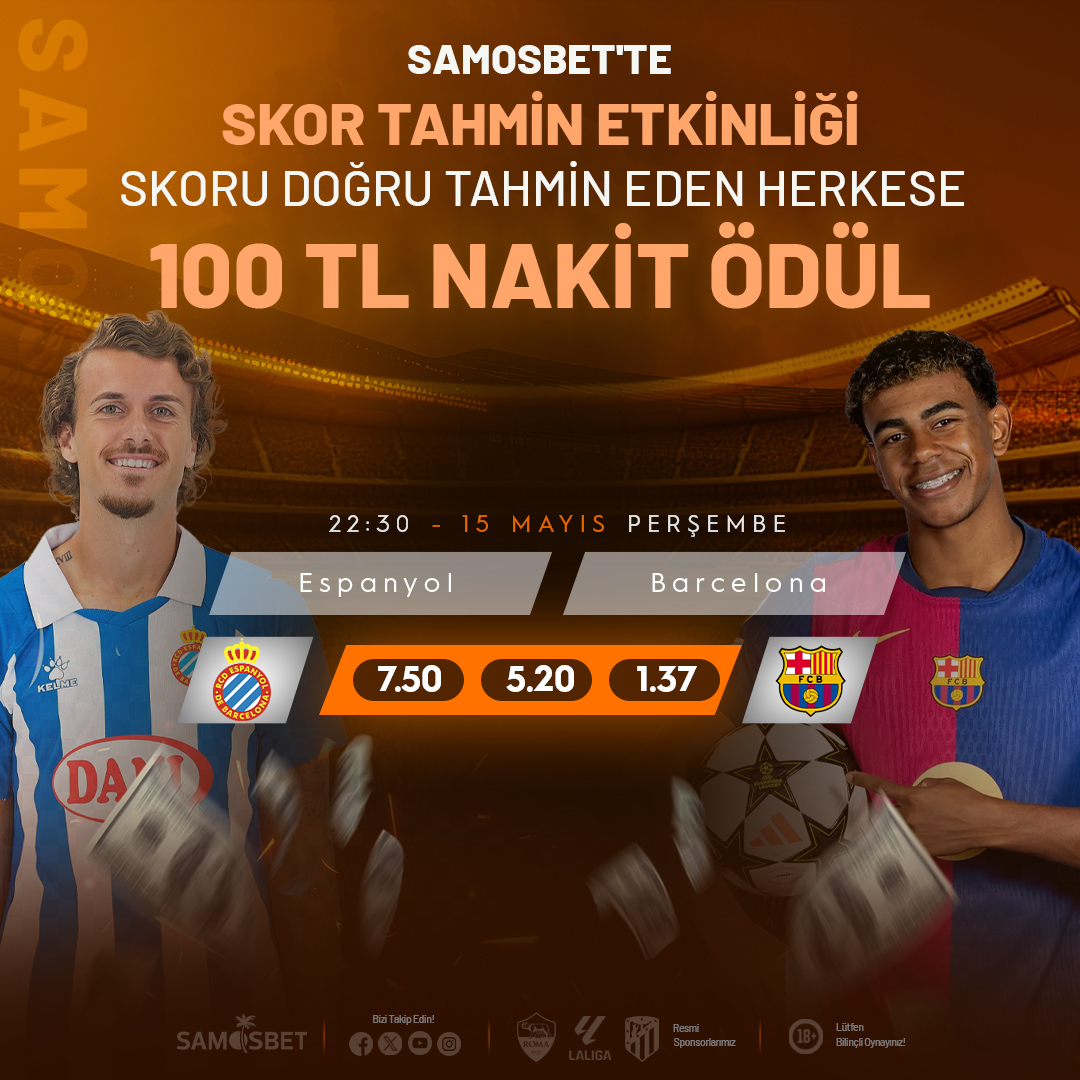 ⏰ ESPANYOL ve BARCELONA kozlarını paylaşıyor! Skoru tahmin et, heyecana ortak ol! ⏰

⬇️ Katılmak için aşağıdaki forma tıklayınız ! ⬇️

form : forms.gle/NWX9u5vQDH8rTQ…

🔷 Güncel Giriş : sabit.link/guncelgiris