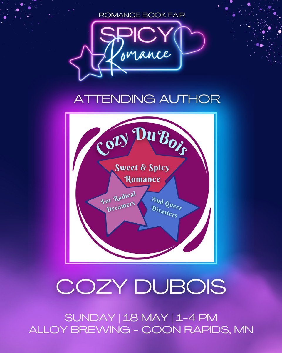 Sharing more of the awesome lineup for the Spicy Romance Book Fair on Sunday, May 18th!
Please welcome:
~ Sylvia Morrow
Rah rah ah ah ah, want your Weird Romance
~ Ruby Raynes
MN Romance Author
~ Cozy DuBois
Sweet'n'spicy romance for radical dreamers and queer disasters. ✨💕