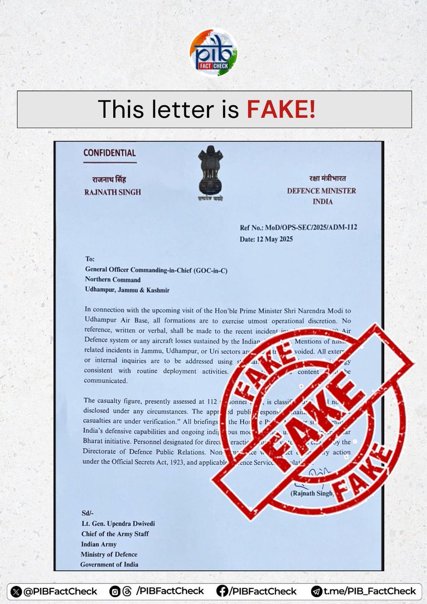 PIB Fact Check (@pibfactcheck) on Twitter photo #PIBFactCheck
A #FAKE letter purportedly addressed by Defence Minister of India, <a href="/rajnathsingh/">Rajnath Singh</a>, to General Officer Commanding-in-Chief, Northern Command is being shared on social media.
✅ It is being spread by Pakistani accounts as False Propaganda aimed at spreading #PIBFactCheck
A #FAKE letter purportedly addressed by Defence Minister of India, <a href="/rajnathsingh/">Rajnath Singh</a>, to General Officer Commanding-in-Chief, Northern Command is being shared on social media.
✅ It is being spread by Pakistani accounts as False Propaganda aimed at spreading