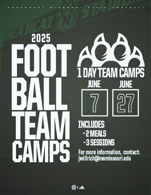Northwest Football (@nwbearcat_fb) on Twitter photo Come bring your team to campus and compete with some of the best schools in the Midwest in our Team Camp!!
A chance for players to compete in thud sessions and live competitions against other teams!
-Contact: Jwillrich@nwmissouri.edu Come bring your team to campus and compete with some of the best schools in the Midwest in our Team Camp!!
A chance for players to compete in thud sessions and live competitions against other teams!
-Contact: Jwillrich@nwmissouri.edu