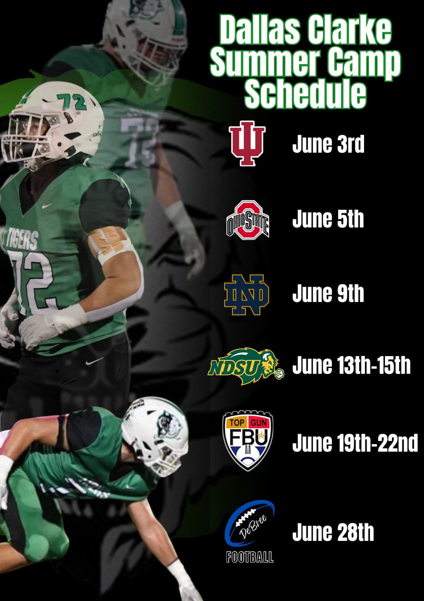 Dallas Clarke (@dallasclarke71) on Twitter photo I am extremely thankful for all of the camp invites I have received‼️ I wish that I could make it to them all but unfortunately the summer is only so long. Here is my summer camp schedule⚡️ it is going to be a busy but exciting summer🏈
<a href="/TCTigerFB4Life/">Coach Able 🇺🇸</a> <a href="/DerekBertrand15/">Derek Bertrand(DeBree Football)</a> I am extremely thankful for all of the camp invites I have received‼️ I wish that I could make it to them all but unfortunately the summer is only so long. Here is my summer camp schedule⚡️ it is going to be a busy but exciting summer🏈
<a href="/TCTigerFB4Life/">Coach Able 🇺🇸</a> <a href="/DerekBertrand15/">Derek Bertrand(DeBree Football)</a>