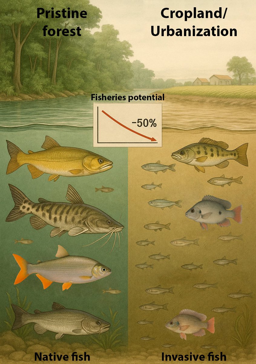 Human pressures reshape ecosystems. Two decades of data reveal that native fish are shrinking while non-natives are growing. As land use intensifies, fishery value has dropped by 50%. Invasions + habitat loss = fewer services, less sustainability. 
nature.com/articles/s4155…