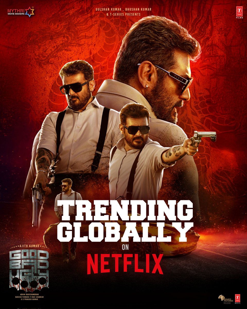 Mythri Movie Makers (@mythriofficial) on Twitter photo #GoodBadUgly TRENDING GLOBALLY on @netflixindia 💥💥
Experience the AK SAMBAVAM and enjoy the mass madness ❤️🔥
#AjithKumar <a href="/trishtrashers/">Trish</a> <a href="/MythriOfficial/">Mythri Movie Makers</a> <a href="/Adhikravi/">Adhik Ravichandran</a> <a href="/gvprakash/">G.V.Prakash Kumar</a> @netflix_insouth #GoodBadUgly TRENDING GLOBALLY on @netflixindia 💥💥
Experience the AK SAMBAVAM and enjoy the mass madness ❤️🔥
#AjithKumar <a href="/trishtrashers/">Trish</a> <a href="/MythriOfficial/">Mythri Movie Makers</a> <a href="/Adhikravi/">Adhik Ravichandran</a> <a href="/gvprakash/">G.V.Prakash Kumar</a> @netflix_insouth