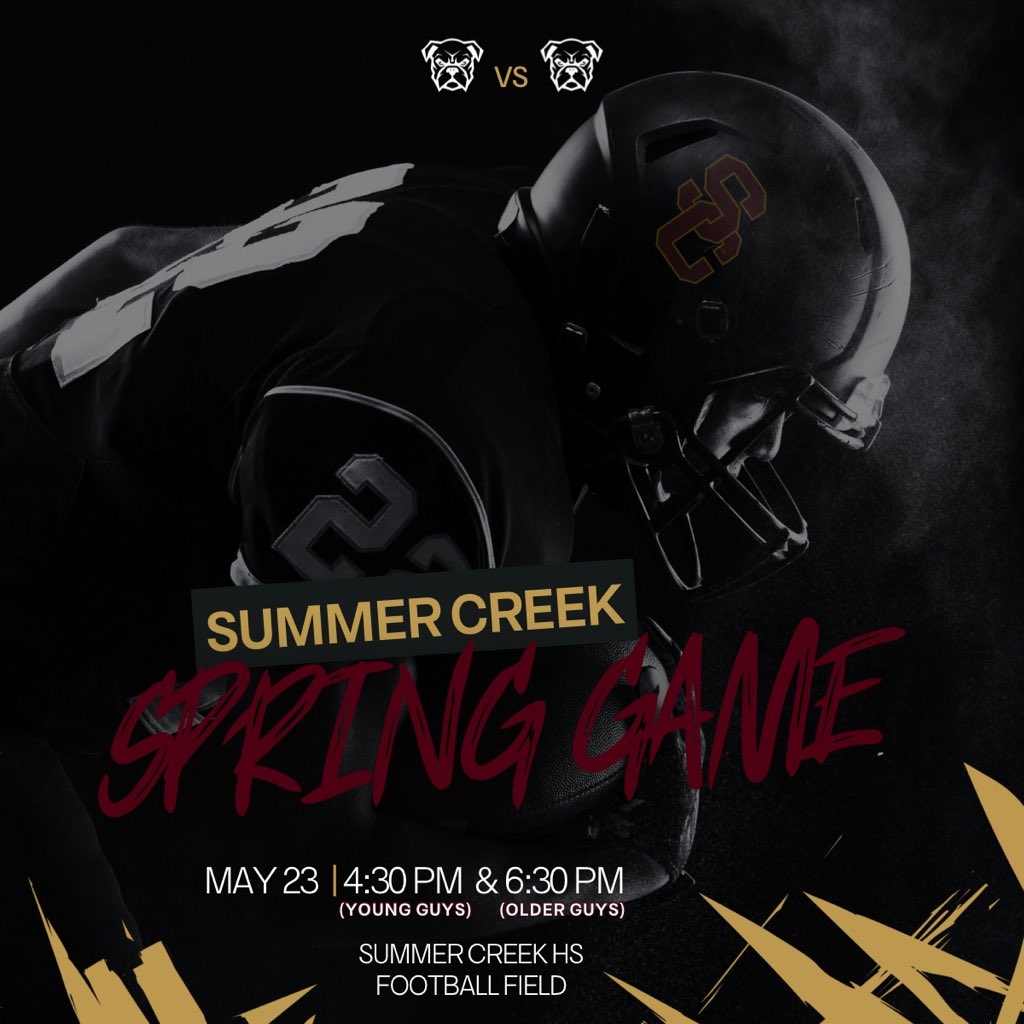 Summer Creek Football (@sc_bulldogfb) on Twitter photo Spring Ball Game Incoming!
Time to put the work on display.
🗓️ May 23, 2025
📍 SCHS Football Field
🕒 4:30 pm (young guys) & 6:30 pm (older guys)
#Allin
#SpringBallGame
<a href="/HumbleISD_SCHS/">Summer Creek High</a> <a href="/HumbleISD_Ath/">Humble ISD Athletics</a>
<a href="/CoachKRHarrison/">Coach Harrison, M.Ed.</a>
@coachJThomas79 <a href="/coachqriley/">Coach Riley, M.Ed.</a>
<a href="/CoachFocke/">Joby Focke</a> <a href="/_dsouthall/">Danny Southall</a> Spring Ball Game Incoming!
Time to put the work on display.
🗓️ May 23, 2025
📍 SCHS Football Field
🕒 4:30 pm (young guys) & 6:30 pm (older guys)
#Allin
#SpringBallGame
<a href="/HumbleISD_SCHS/">Summer Creek High</a> <a href="/HumbleISD_Ath/">Humble ISD Athletics</a>
<a href="/CoachKRHarrison/">Coach Harrison, M.Ed.</a>
@coachJThomas79 <a href="/coachqriley/">Coach Riley, M.Ed.</a>
<a href="/CoachFocke/">Joby Focke</a> <a href="/_dsouthall/">Danny Southall</a>