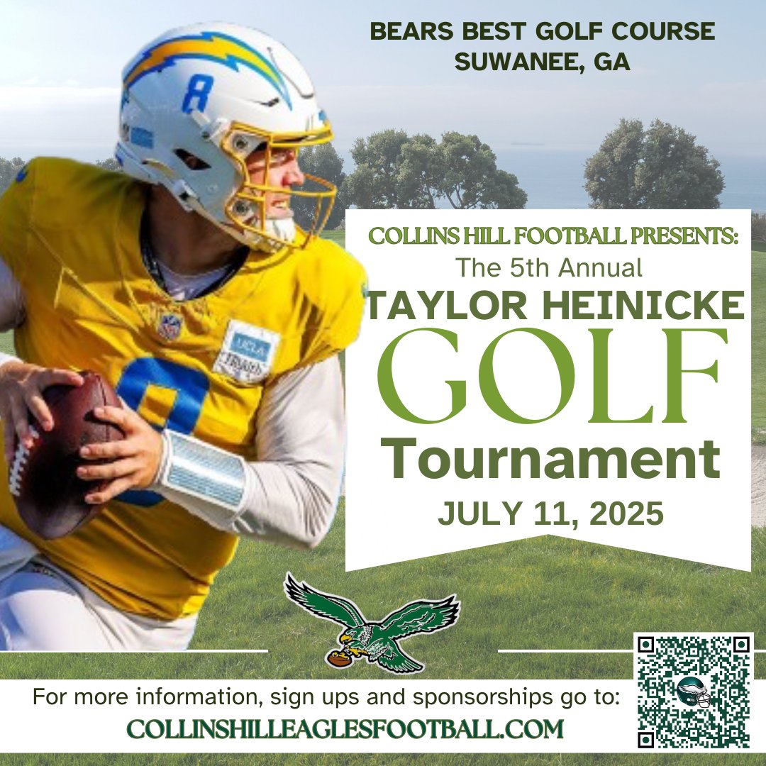 Collins Hill Eagles Football (@collinshillfb) on Twitter photo Don't forget to sign up to play or sponsor our 5th Annual Taylor Heinicke Golf Tournament this summer on July 11th <a href="/bearsbestatl/">Bear's Best Atlanta</a>! Profits go to the Collins Hill Football team!
For more information or signups, please go to collinshilleaglesfootball.com.
#FORTHEHILL 🦅 Don't forget to sign up to play or sponsor our 5th Annual Taylor Heinicke Golf Tournament this summer on July 11th <a href="/bearsbestatl/">Bear's Best Atlanta</a>! Profits go to the Collins Hill Football team!
For more information or signups, please go to collinshilleaglesfootball.com.
#FORTHEHILL 🦅