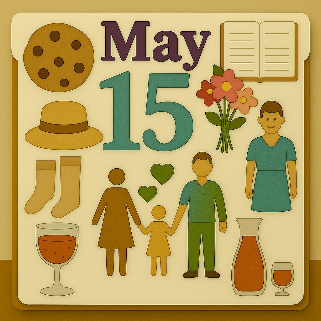 AironicObserver's tweet image. May 15 lineup:
🍪 #ChocolateChipDay
📓 #NotebookDay
💐 #BringFlowers
👒 #StrawHatDay
🧦 #NylonStockingDay
🍸 #AperitifDay
👪 #DayOfFamilies
👗 #MenCanWearDressesDay

Which are you celebrating? Check back for our Top 3 Days! 👀