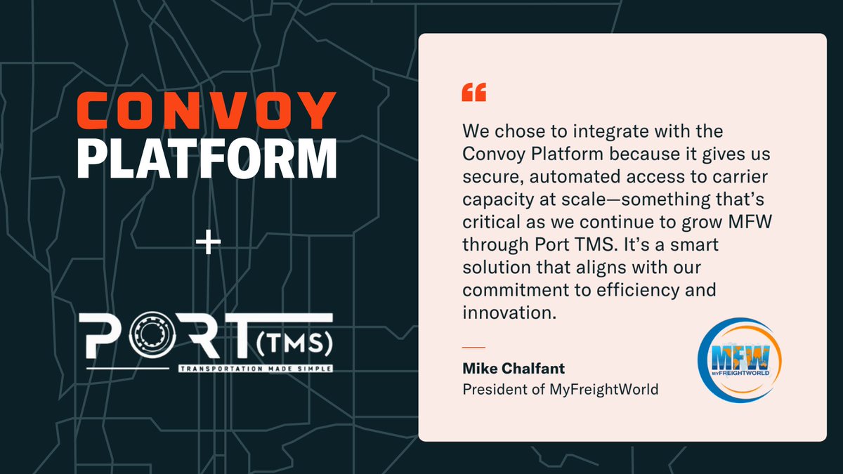 🚨 New partnership: <a href="/PortTMS/">PortTMS</a> &amp; @MyFreightWorld are joining the Convoy Platform ecosystem!
Port TMS brokers can access our nationwide carrier capacity and automation to scale confidently.
Want in? Contact your Port TMS manager or visit: convoy.com/broker-sign-up…