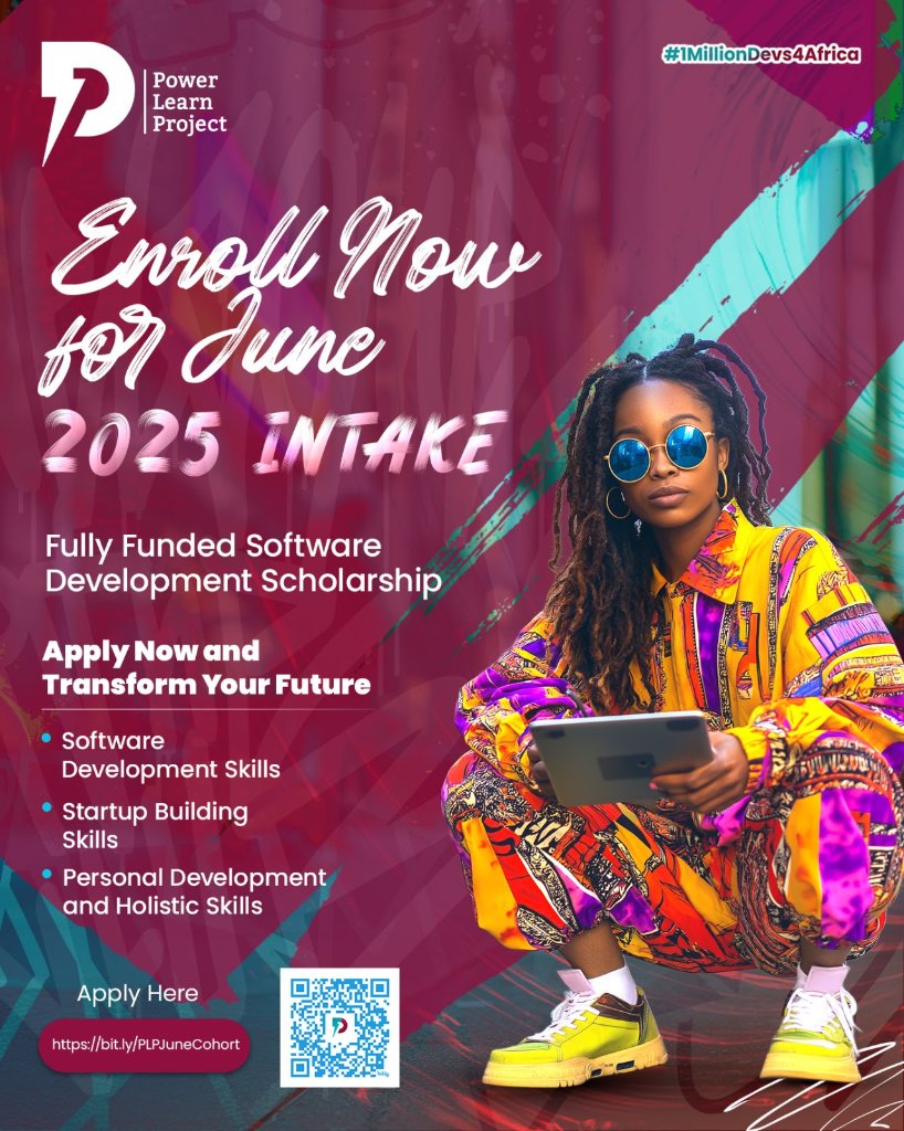 Hey everyone! 👋
The <a href="/PLPAfrica/">Power Learn Project</a> Sofware Dev Scholarship - June 2025 Cohort is NOW OPEN! An incredible opportunity to gain life-changing tech skills. Please mention, David Arwa, as the referrer when you apply.
Link: powerlearnprojectafrica.org/applications 
#1MillionDevs4Africa #TechScholarship