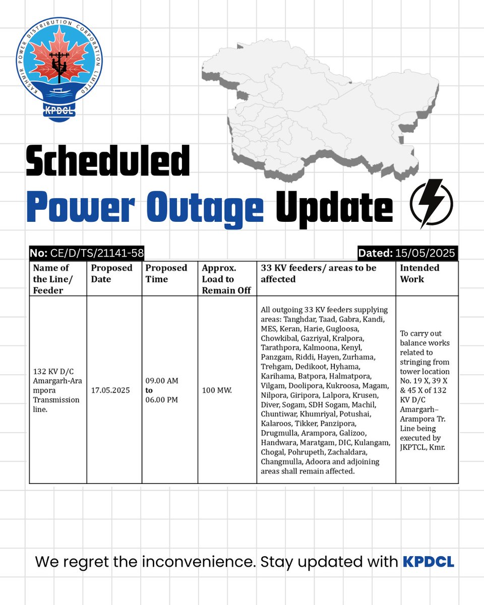 Official account of KPDCL (@kpdclofficial) on Twitter photo Scheduled Power Shutdown Update⚡ of 132 KV D/C
Amargarh-Arampora Transmission Line.
Stay prepared!
We regret the inconvenience caused.
#KPDCL #PowerShutdown
<a href="/diprjk/">Information & PR, J&K</a>
<a href="/cekpdcl/">CHIEF ENGINEER, DISTRIBUTION, KPDCL(PDD)</a>
<a href="/OfficeOfLGJandK/">Office of LG J&K</a>
<a href="/GreaterKashmir/">Greater Kashmir</a>
<a href="/RisingKashmir/">Rising Kashmir</a> Scheduled Power Shutdown Update⚡ of 132 KV D/C
Amargarh-Arampora Transmission Line.
Stay prepared!
We regret the inconvenience caused.
#KPDCL #PowerShutdown
<a href="/diprjk/">Information & PR, J&K</a>
<a href="/cekpdcl/">CHIEF ENGINEER, DISTRIBUTION, KPDCL(PDD)</a>
<a href="/OfficeOfLGJandK/">Office of LG J&K</a>
<a href="/GreaterKashmir/">Greater Kashmir</a>
<a href="/RisingKashmir/">Rising Kashmir</a>