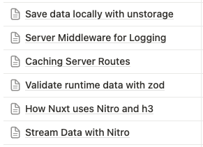 Finished recording Chapter 7 of <a href="/MasteringNuxt/">Mastering Nuxt</a> .

I had a ton of fun diving into some more advanced server route stuff with <a href="/nuxt_js/">Nuxt</a> I don't normally use:

👉 unstorage
👉 server middleware
👉 caching server routes
👉 validation with zod
👉 Nitro and h3 (and unjs)
👉 streaming