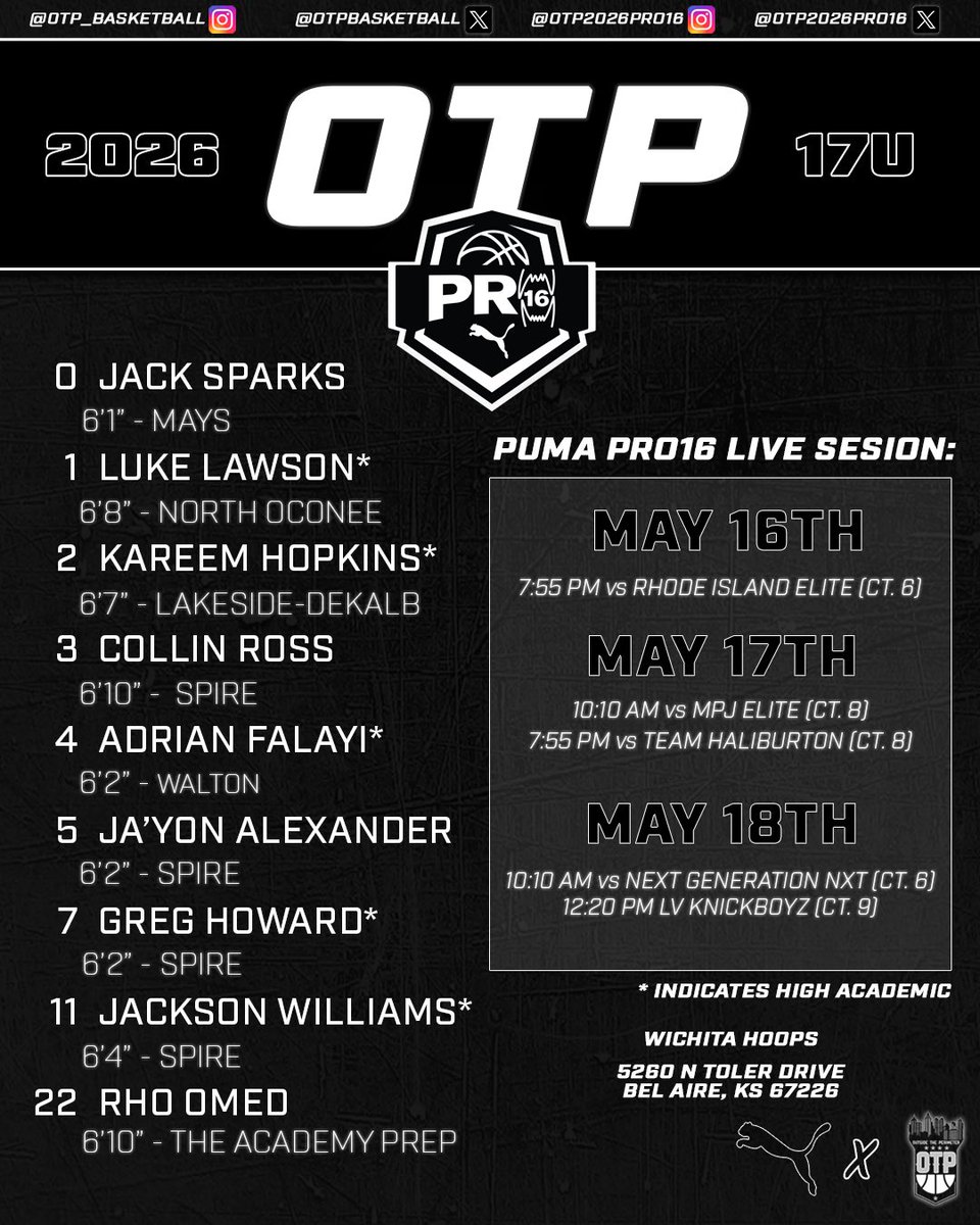 OTP NXT 2026 (@otpnxt2026) on Twitter photo COLLEGE COACHES‼️
Here is our roster and schedule for the <a href="/PRO16League/">PRO16/NXTPRO League</a> LIVE Session in Wichita, KS! COLLEGE COACHES‼️
Here is our roster and schedule for the <a href="/PRO16League/">PRO16/NXTPRO League</a> LIVE Session in Wichita, KS!