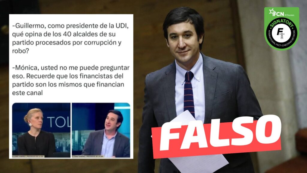 🔎 #FactChecking | Se han vuelto a viralizar publicaciones que citan una supuesta interacción entre la periodista Mónica Rincón y el presidente de la UDI, Guillermo Ramírez.

En esta el político afirmaría que no pueden preguntarle por alcaldes de su partido “procesados por robo y