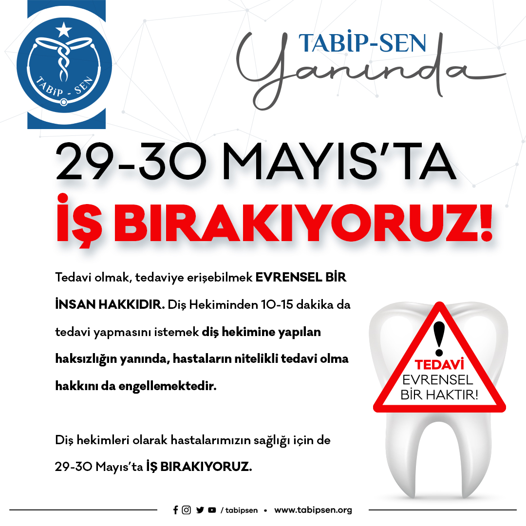 TEDAVİ EVRENSEL BİR HAKTIR !

Tedavi olmak, tedaviye erişebilmek EVRENSEL BİR İNSAN HAKKIDIR. Diş Hekiminden 10-15 dakika da tedavi yapmasını istemek diş hekimine yapılan haksızlığın yanında, hastaların nitelikli tedavi olma hakkını da engellemektedir. 

Diş hekimleri olarak