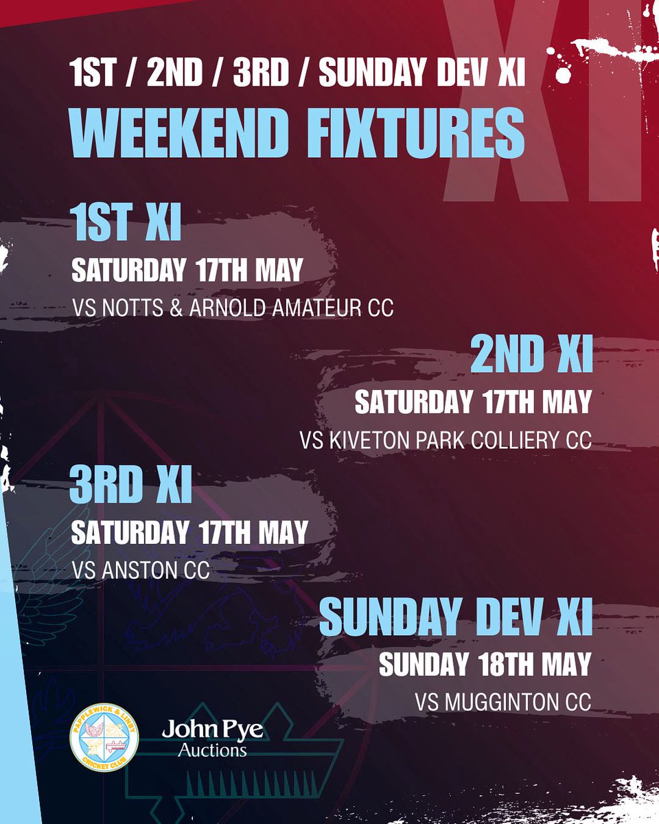 Papplewick&Linby CC (@papplewickcc) on Twitter photo Upcoming fixtures for the weekend π
Saturday -
1st XI vs @nottsandarnold
2nd XI vs <a href="/KivetonParkCC/">Kiveton Park CCC</a>
3rd XI vs Anston CC
Sunday Development XI vs <a href="/MuggintonCC/">Mugginton CC</a>
#PappCC #cricket #cricketisthewinner Upcoming fixtures for the weekend π
Saturday -
1st XI vs @nottsandarnold
2nd XI vs <a href="/KivetonParkCC/">Kiveton Park CCC</a>
3rd XI vs Anston CC
Sunday Development XI vs <a href="/MuggintonCC/">Mugginton CC</a>
#PappCC #cricket #cricketisthewinner