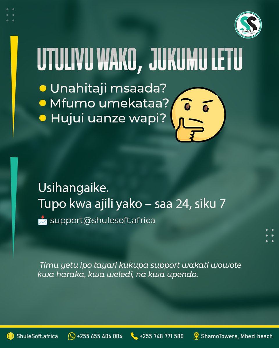 Usikose Fursa! 🔥
Je, unataka mfumo bora, rahisi na wa kuaminika?
Sasa ni wakati wako wa kupata huduma bora za kiteknolojia kutoka ShuleSoft!

- Huduma zetu zinapatikana kwa bei nafuu
- Support ya kila wakati, saa 24, siku 7
- Teknolojia mpya na yenye ufanisi

📞 Piga simu sasa: