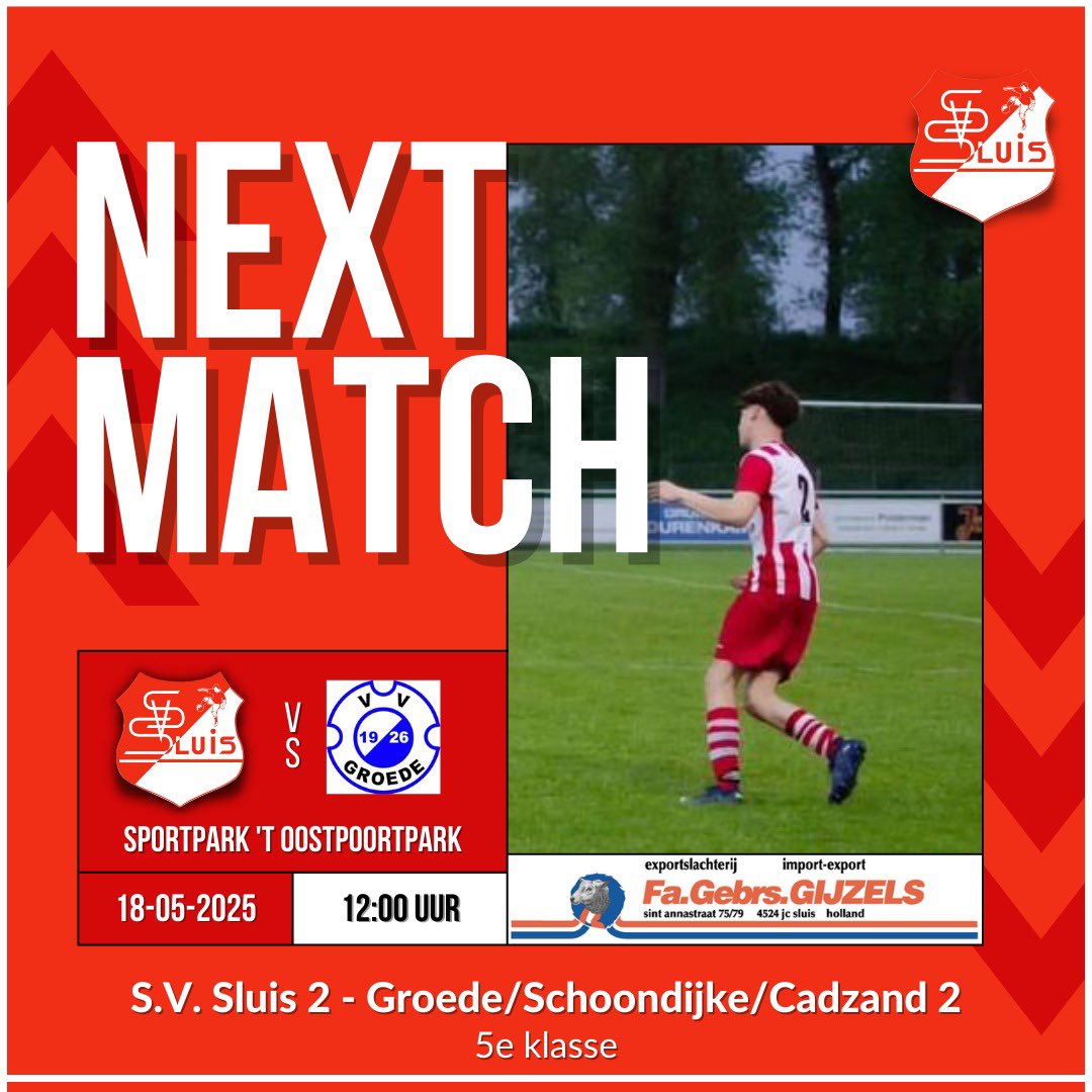 𝐍𝐄𝐗𝐓 𝐌𝐀𝐓𝐂𝐇... 🔜 

Aanstaande zaterdag 17 mei staat de laatste competitiewedstrijd van het seizoen op het programma! Sluis 1 ontvangt Philippine 1 in een directe strijd om lijfsbehoud in de 4e klasse. Het eerste kan alle steun gebruiken zaterdag, aftrap om 15:00u! 💪