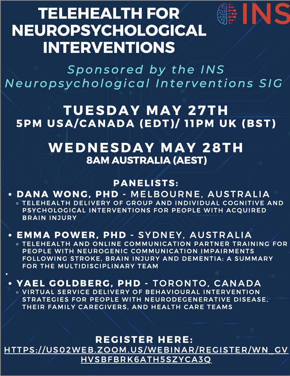 Dr Aida Suarez-Gonzalez (@aida_suarez_) on Twitter photo 🧠 Join our free webinar on Telehealth for Neuropsychological Interventions!
🗓️ May 27 (5pm EDT | 11pm BST)
🗓️ May 28 (8am AEST)
🎙️ <a href="/neurodana/">Dana Wong</a> , <a href="/dr_epower/">Professor Emma Power</a> & Goldberg on virtual cognitive, comms & behavioural therapy.
🔗 Register: us02web.zoom.us/webinar/regist…
<a href="/INSneuro/">INS</a> <a href="/kerryn_pike/">Dr Kerryn Pike</a> 🧠 Join our free webinar on Telehealth for Neuropsychological Interventions!
🗓️ May 27 (5pm EDT | 11pm BST)
🗓️ May 28 (8am AEST)
🎙️ <a href="/neurodana/">Dana Wong</a> , <a href="/dr_epower/">Professor Emma Power</a> & Goldberg on virtual cognitive, comms & behavioural therapy.
🔗 Register: us02web.zoom.us/webinar/regist…
<a href="/INSneuro/">INS</a> <a href="/kerryn_pike/">Dr Kerryn Pike</a>