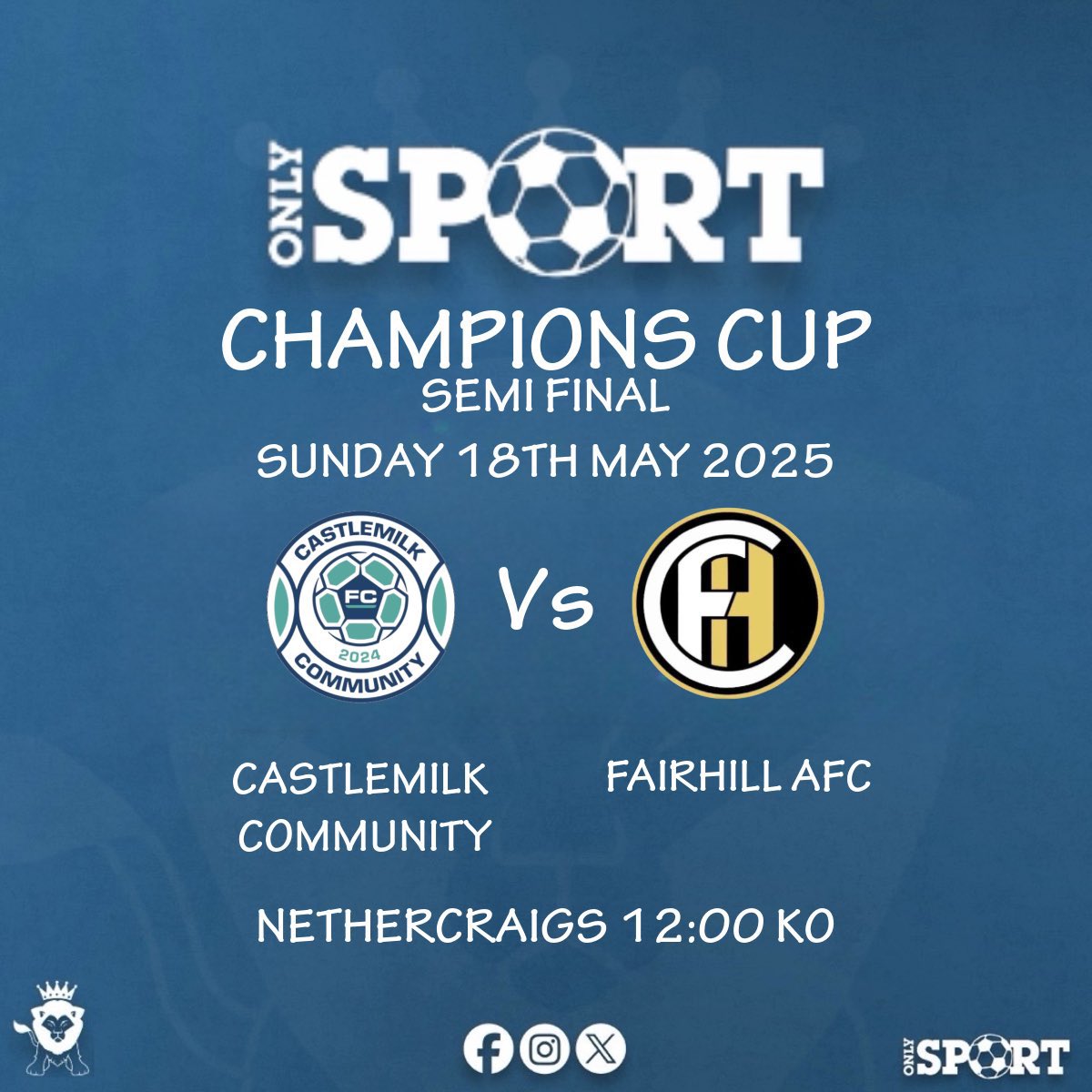 Next Match⚽️

🆚 Fairhill AFC
🏆 Champions Cup Semi-Final
📅 18/05/2025
⏰ 12pm kick-off
🏟️ Nethercraigs 
📍G52 1RR