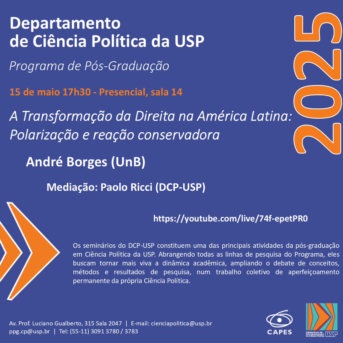 Hoje, 15/5, teremos a honra da presença de André Borges (UnB) na <a href="/uspfflch/">FFLCH USP</a> para falar das Direitas na América Latina, 17:30, aqui: youtube.com/live/74f-epetP…