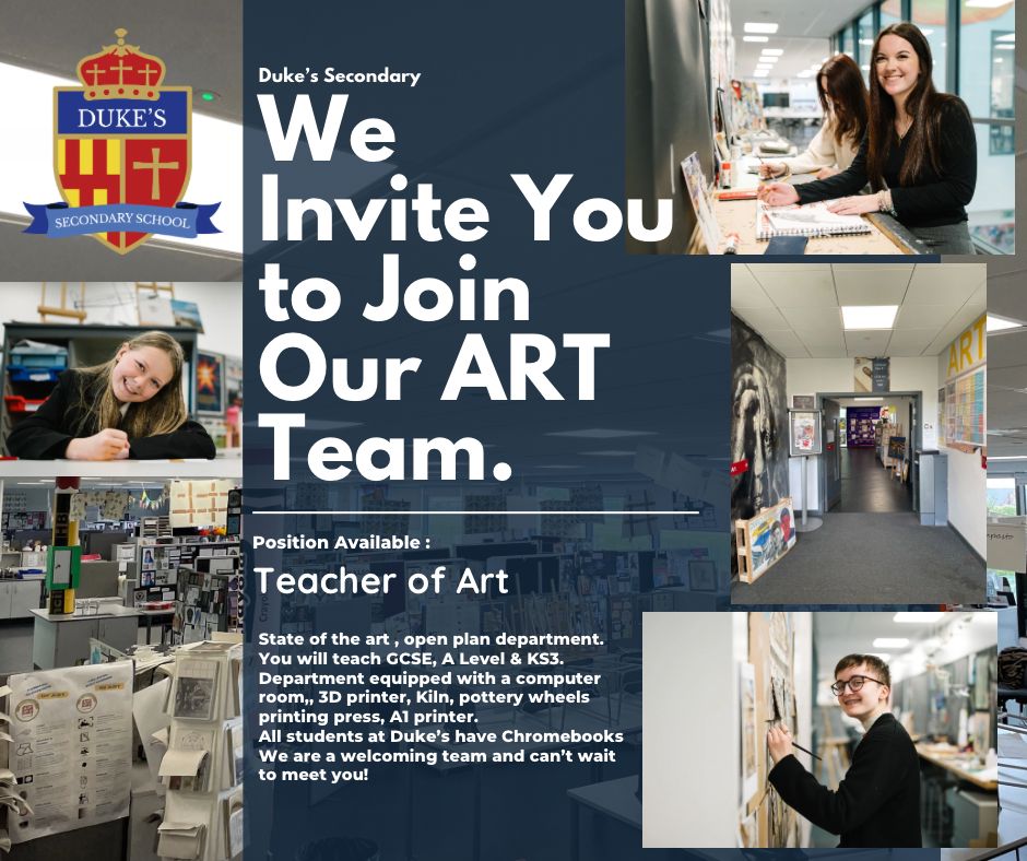 Teacher of Art required <a href="/NCEADukes/">NCEA Duke's Secondary School</a> <a href="/DukesArtDesign/">Duke's Secondary Art and Design</a> we look forward to receiving applications 👨‍🎨👩‍🎨