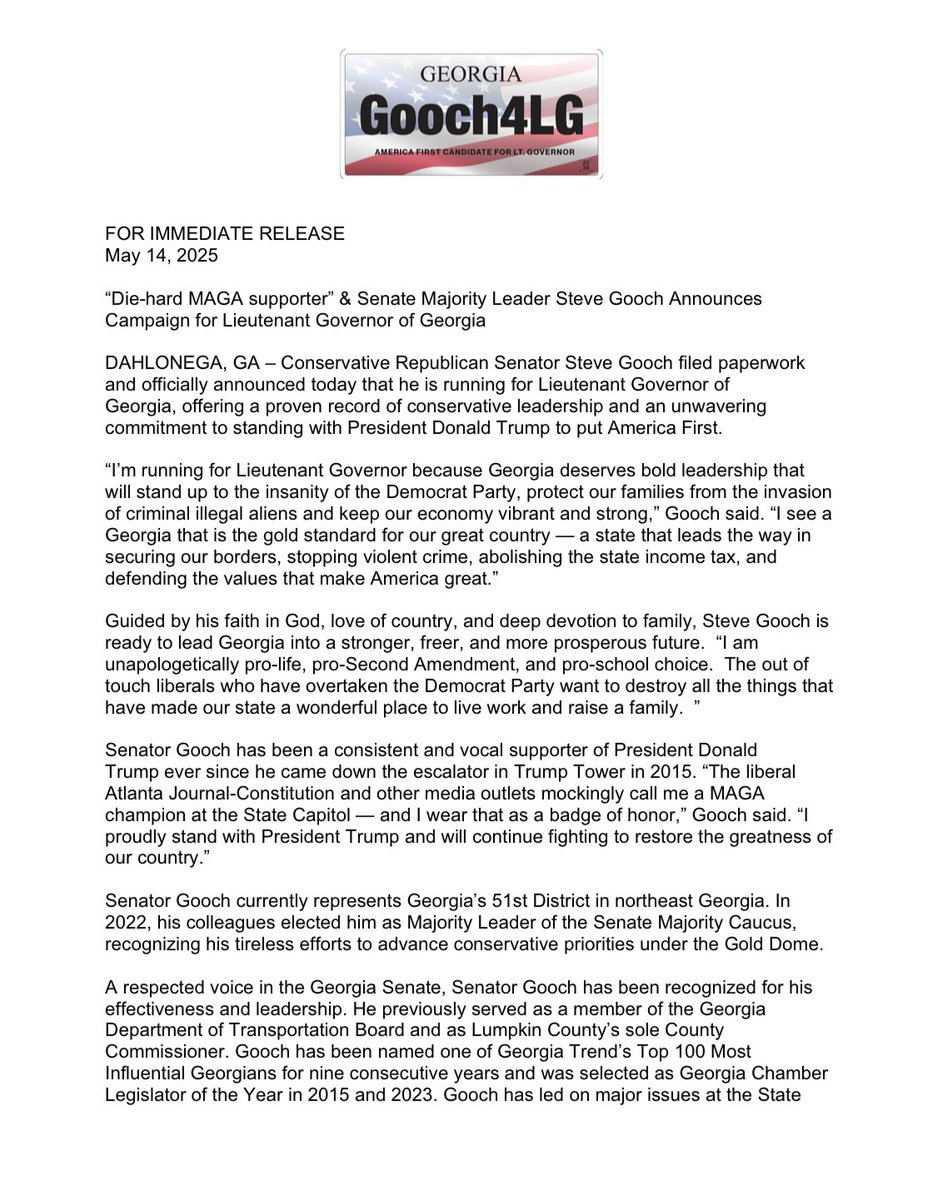 GoochForGeorgia's tweet image. Today, I’m announcing my candidacy for Lieutenant Governor with a proven record of conservative leadership and an unwavering commitment to standing with President Donald Trump to put America First. Please see the official release below!