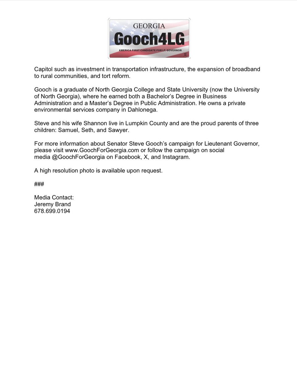 GoochForGeorgia's tweet image. Today, I’m announcing my candidacy for Lieutenant Governor with a proven record of conservative leadership and an unwavering commitment to standing with President Donald Trump to put America First. Please see the official release below!