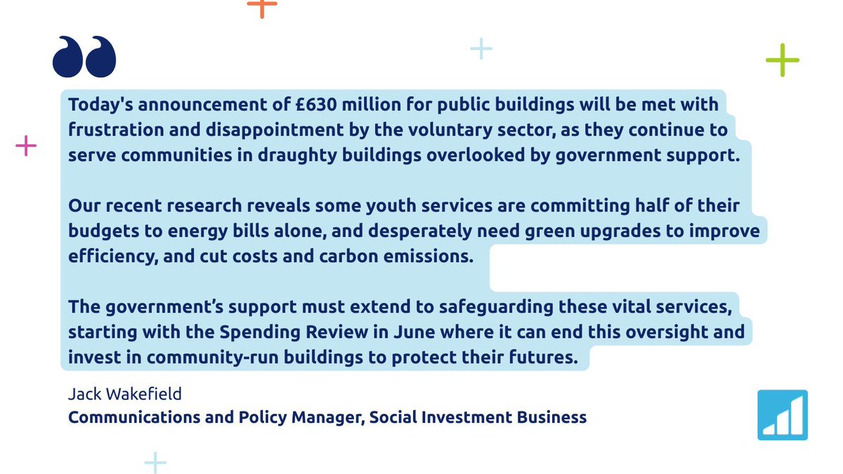 TheSocialInvest's tweet image. Today's announcement of £630 million to decarbonise public buildings overlooks the voluntary sector once again. Read our response 👇 calling on the government to support vital community-run services in their upcoming Spending Review 🔗 buff.ly/FxNLUe1