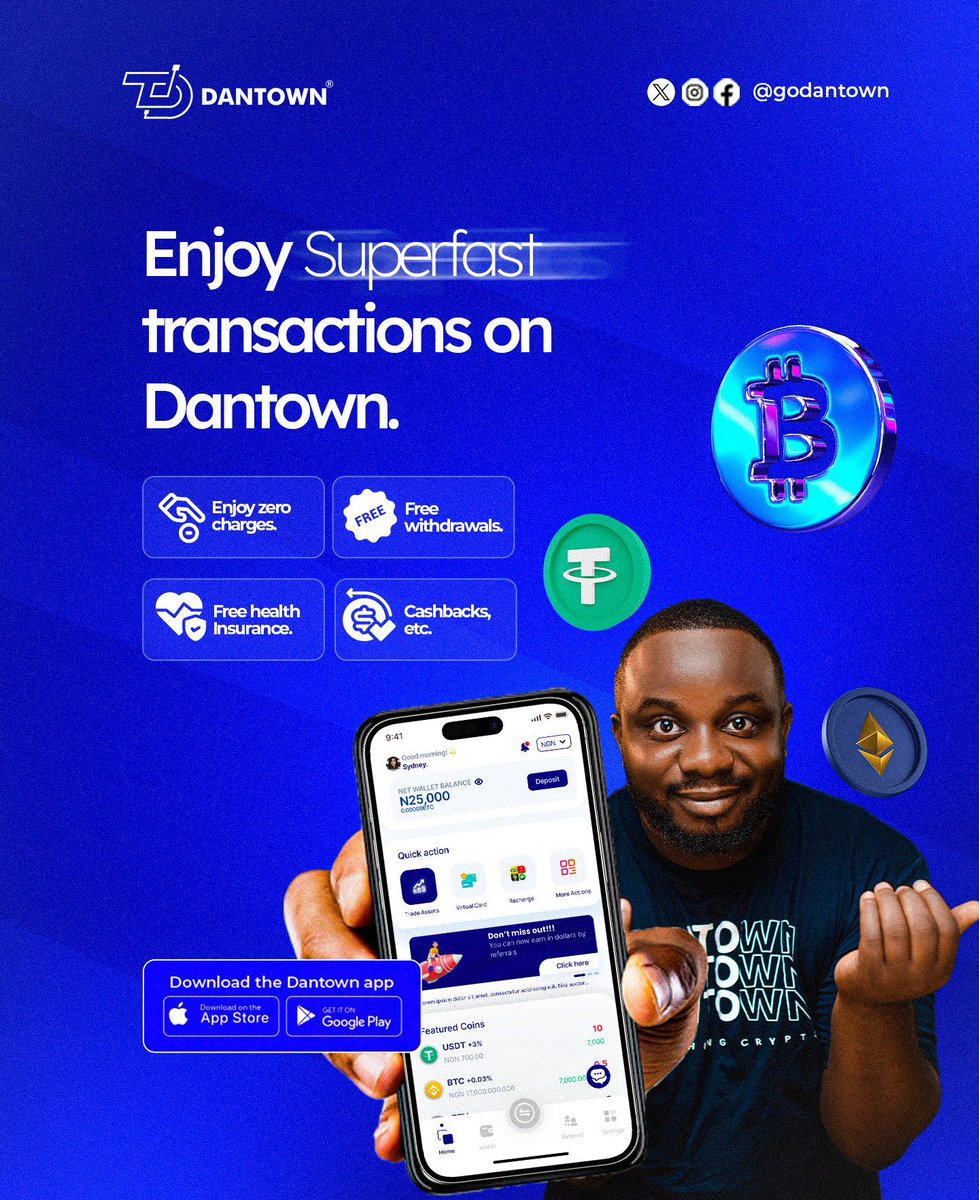 Enjoy superfast transactions with DANTOWN! •Buy and sell Crypto •Buy airtime  and date •TV subscriptions •Zero charges • free withdrawals •cashbacks &  lots more. Download the Dantown app today