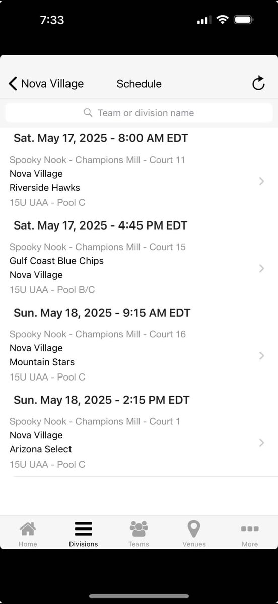My schedule for UAA session 2 at spooky nook hamilton. 15u 2028
