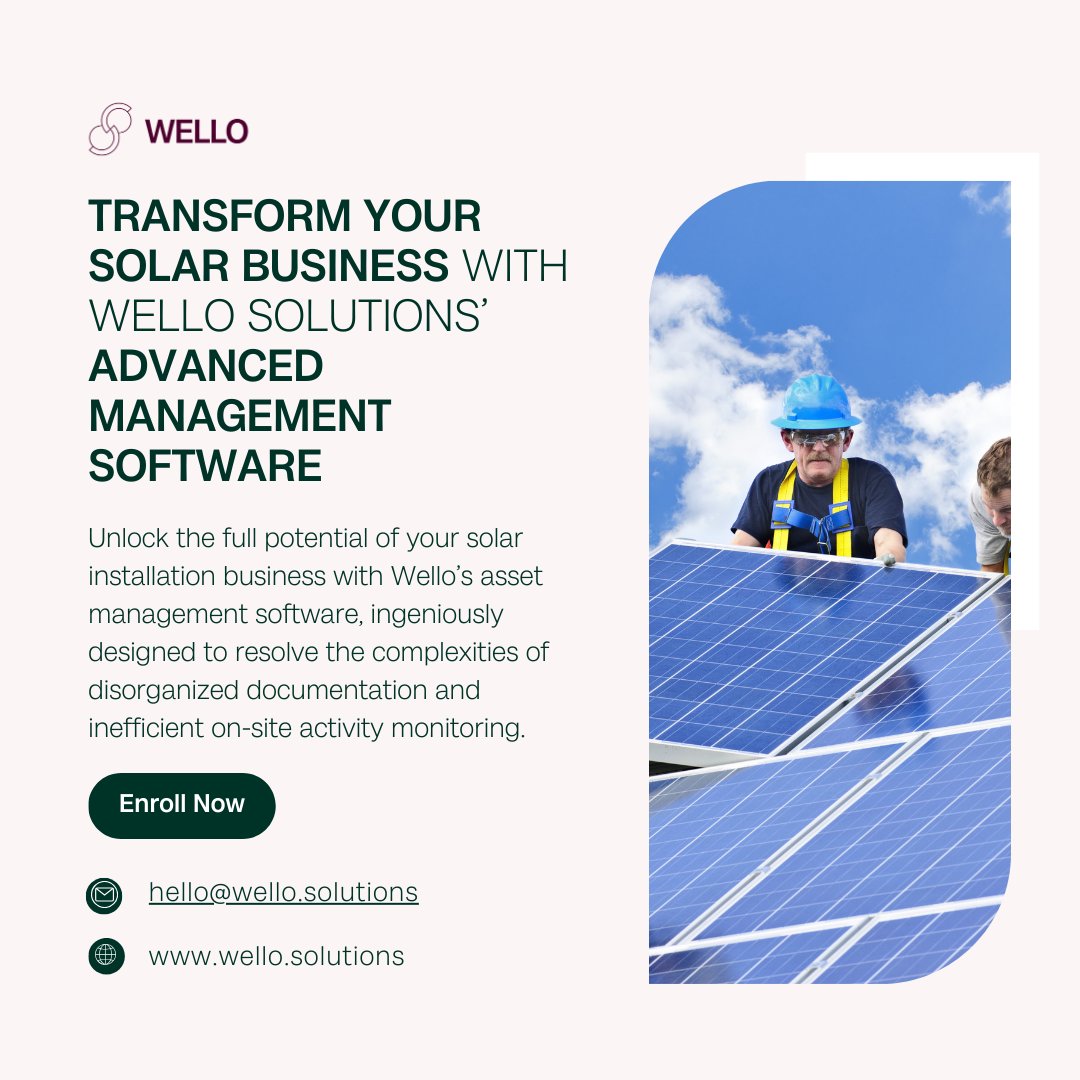 WelloSolutions's tweet image. Leveraging over a decade of industry leadership in enhancing field service operations, Wello Solutions emerges as the preferred partner for solar installers, regardless of size.
#MobileWorkforce #FSMSoftware #ServiceGrowth #WelloSolutions #solarinstallers.