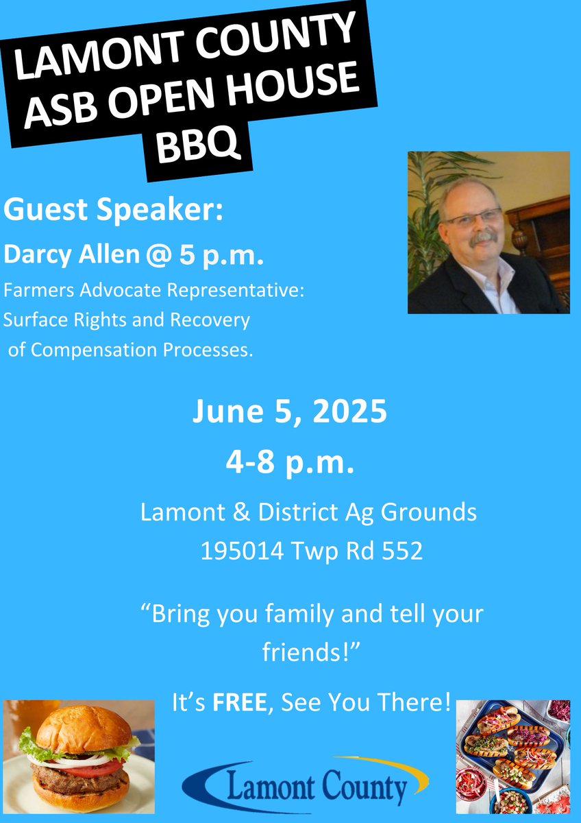 2025 Farmers' Appreciation - Save the DATE (June 5) #ASB #LamontCounty
June 5 from 4-8 p.m. at the Lamont &amp; District Ag. Grounds. FREE!
Featuring Darcy Allen - Farmers' Advocate Representative, Surface Rights and Recovery of Compensation Process. (at 5 p.m.).