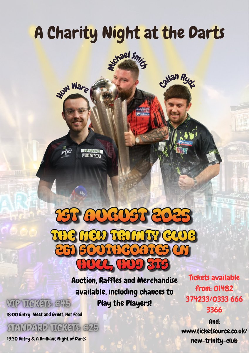 Still time to get your tickets for what will be a brilliant night of Darts whilst also helping local charity’s out. All details below 🎯🎯🎯