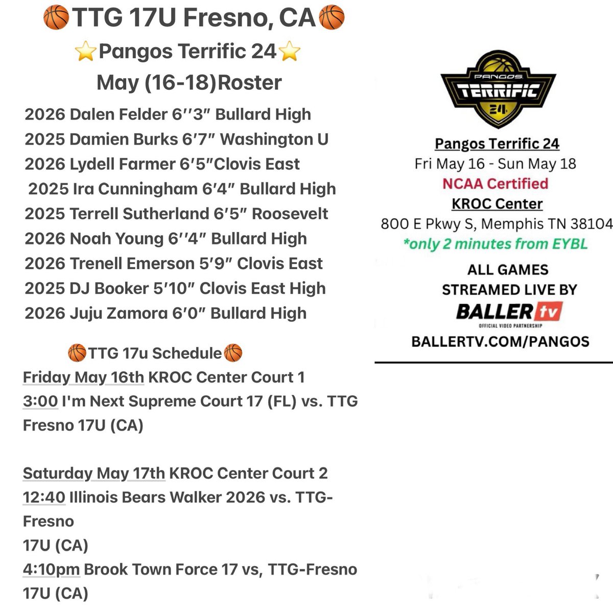 TTG AAU (@ttg_aau) on Twitter photo Safe travels to all of our Players & Families that are traveling to Memphis today to the <a href="/PangosAACamp/">Pangos All-American Camp</a> <a href="/Terrific24FCP/">Terrific 24</a> . 🙏🏾
Our Games will be live streamed on Baller TV…. TTG‼️<a href="/FCPPangos/">Fullcourt Press/ Pangos</a> <a href="/trigonis30/">Dinos Trigonis</a> <a href="/Lydellf_/">Lydell Farmer</a> <a href="/DalenDayday/">Dalen (DayDay) Felder</a> <a href="/DonyellBookerJr/">Donyell J Booker Jr ( DJ )</a> <a href="/EmersonTrenell/">Trenell.Emerson</a> <a href="/RyanSilver1/">Ryan Silver</a> Safe travels to all of our Players & Families that are traveling to Memphis today to the <a href="/PangosAACamp/">Pangos All-American Camp</a> <a href="/Terrific24FCP/">Terrific 24</a> . 🙏🏾
Our Games will be live streamed on Baller TV…. TTG‼️<a href="/FCPPangos/">Fullcourt Press/ Pangos</a> <a href="/trigonis30/">Dinos Trigonis</a> <a href="/Lydellf_/">Lydell Farmer</a> <a href="/DalenDayday/">Dalen (DayDay) Felder</a> <a href="/DonyellBookerJr/">Donyell J Booker Jr ( DJ )</a> <a href="/EmersonTrenell/">Trenell.Emerson</a> <a href="/RyanSilver1/">Ryan Silver</a>