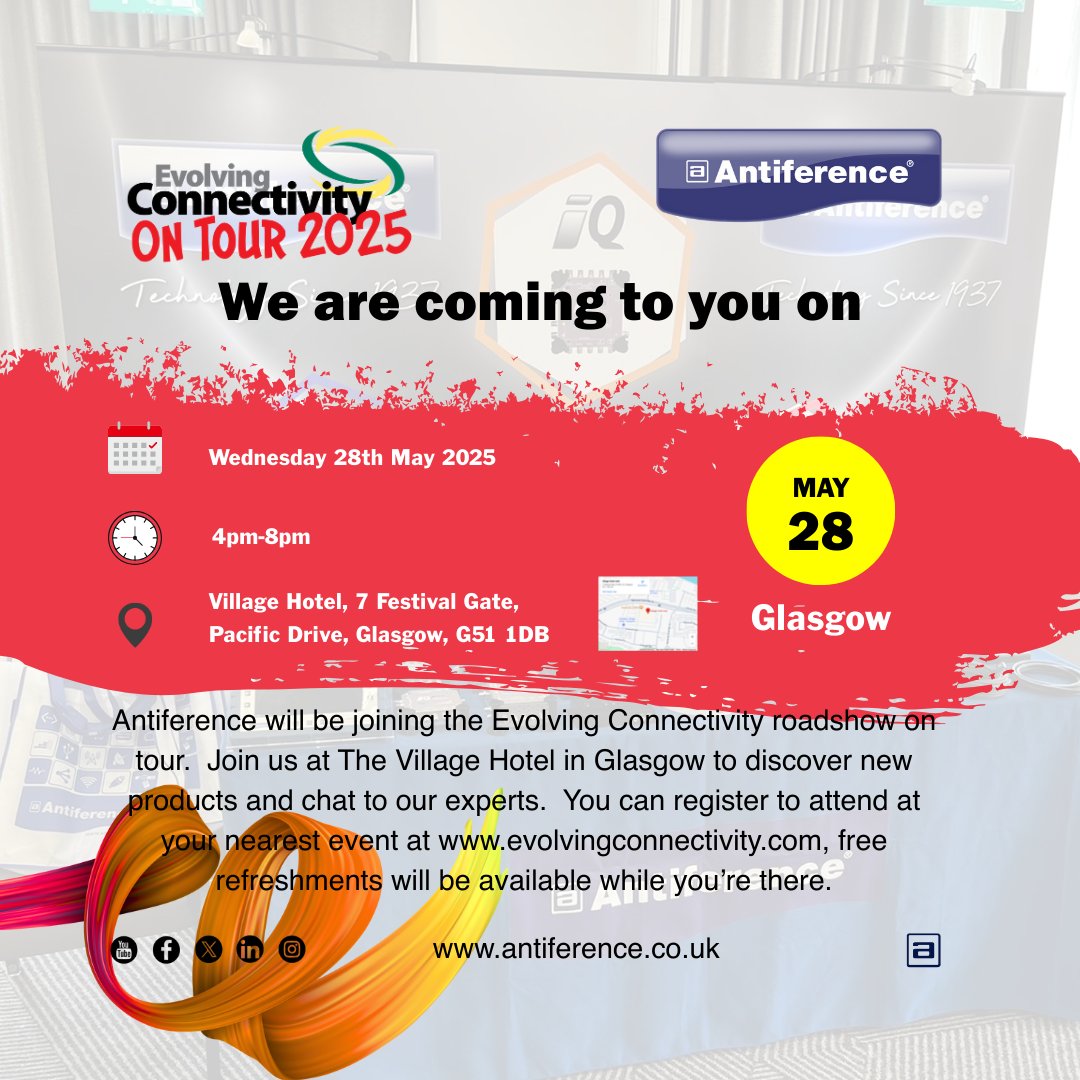 📍 Last stop: GLASGOW 🏴
We’re finishing the #EvolvingConnectivity On Tour 2025 on 28 May at Village Hotel, 7 Festival Gate, Pacific Drive, G51 1DB
 ⏰4–8PM | 💬 Demos | ☕ Free refreshments
🎟️ Register FREE: evolvingconnectivity.com
#Glasgow #TechOnTour #AVInstallers #Antiference