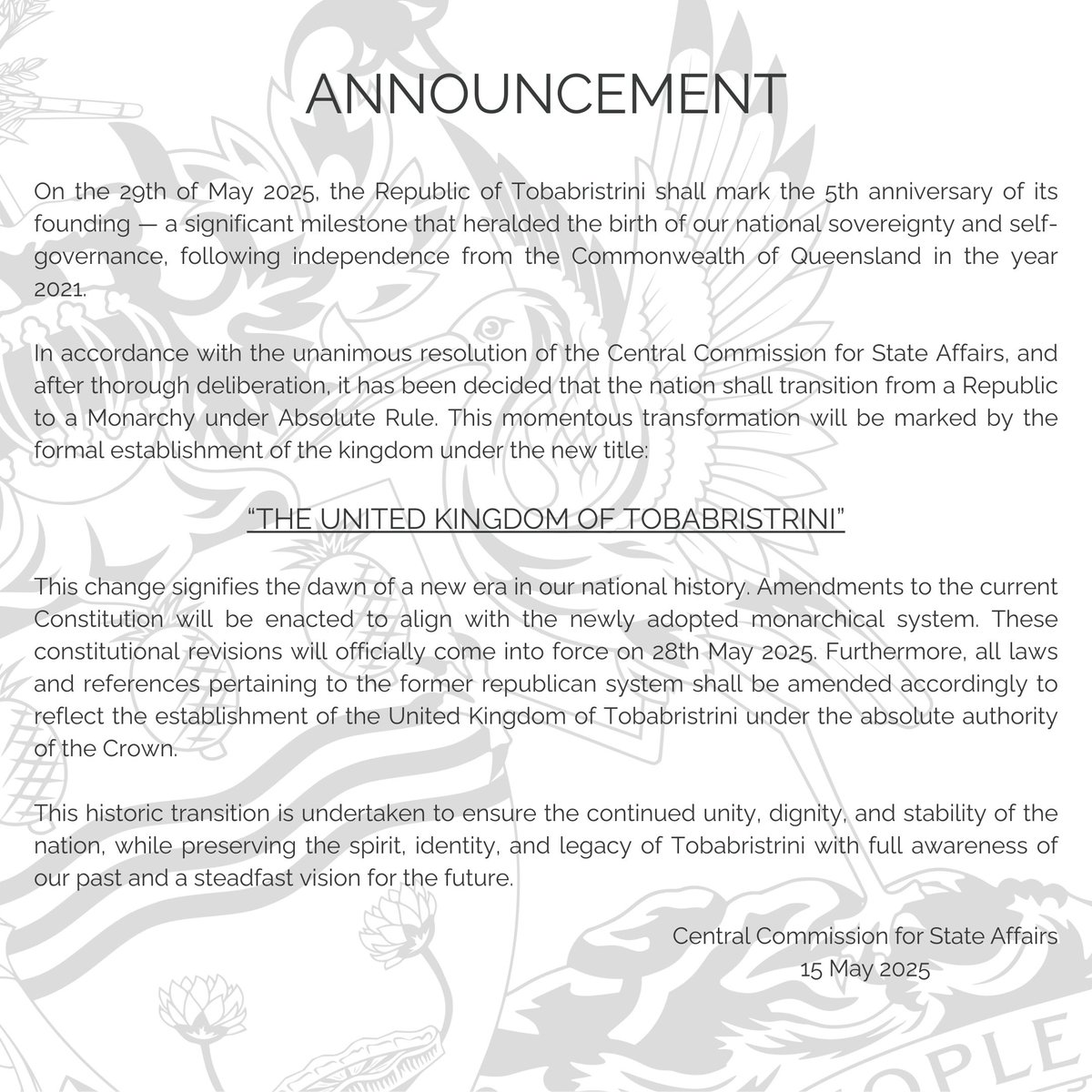 Announcement from Central Commission for State Affairs of the Republic of Tobabristrini
#micronations #micronation #Tobarbristrini