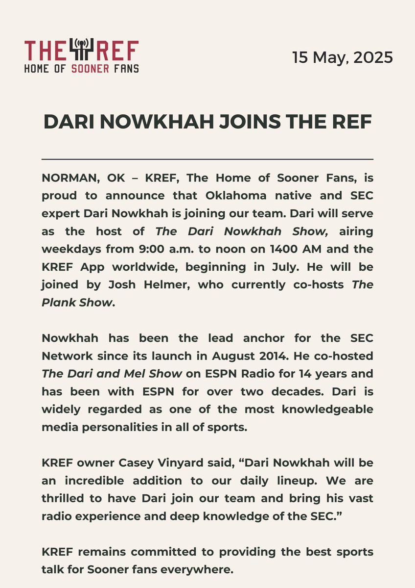 The REF (@krefsports) on Twitter photo SEC Network lead anchor Dari Nowkhah is joining The REF!
Join us in welcoming <a href="/ESPNDari/">Dari Nowkhah</a> as our newest addition on the air from 9:00 a.m. to Noon beginning in July. SEC Network lead anchor Dari Nowkhah is joining The REF!
Join us in welcoming <a href="/ESPNDari/">Dari Nowkhah</a> as our newest addition on the air from 9:00 a.m. to Noon beginning in July.
