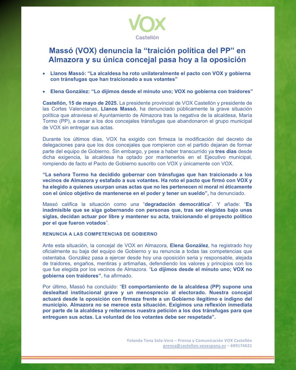 CastellonVox's tweet photo. ‼️ VOX no gobierna con tránsfugas, ni con traidores.

La alcaldesa María Tormo (🅿️🅿️) ha decidido gobernar con los dos tránsfugas que abandonaron VOX sin entregar sus actas.

💪🏻🇪🇸 Hoy nuestra concejal en Almazora, @Elenagonzalez0, que no aferra al cargo ni al sueldo como otros, renuncia a sus competencias de Gobierno y pasa a la oposición con la cabeza alta y el orgullo de ser coherente. 

🗣️ @LlanosMasso: “La señora Tormo (PP) ha roto el pacto con VOX y gobierna con quienes han traicionado a sus votantes.”

🗣️ @Elenagonzalez0: “Lo dijimos desde el minuto uno: VOX no gobierna con traidores.”

❌ Almazora no se merece un gobierno ilegítimo ni basado en artimañas.

❌ Exigimos respeto a la voluntad de los vecinos y la devolución de las actas por parte de los tránsfugas.

✍🏻 https://t.co/Uo4XpTmnfj