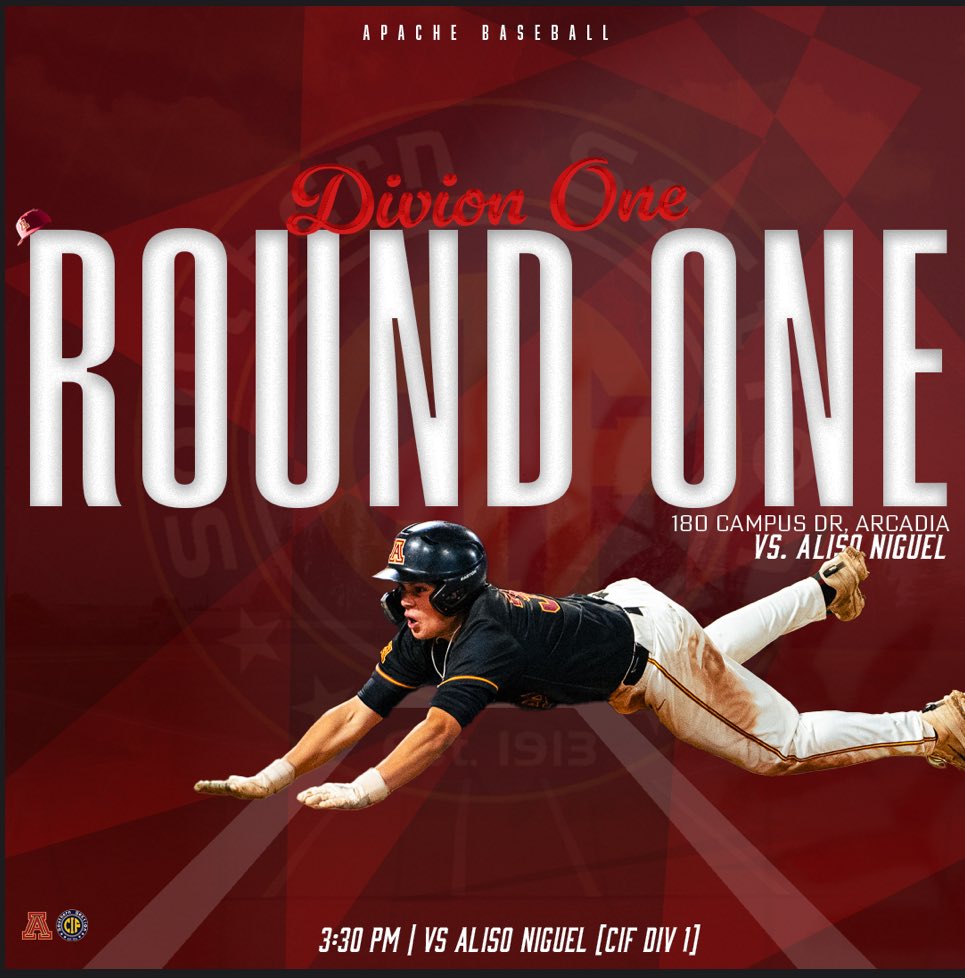 Arcadia Baseball (@arcadiabaseball) on Twitter photo Game Day!
CIF-SS Division I, Round 1
Win or go home in what is considered by many to be the toughest tournament in the country! Today the Apaches (25-3) host Aliso Niguel (22-6), 3:15 pm.
<a href="/SGVNSports/">Fred J. Robledo ๐จ๐ปโ๐ป</a> <a href="/latsondheimer/">eric sondheimer</a> <a href="/LesLukach/">๐๐๐ฌ ๐๐ฎ๐ค๐๐๐ก</a> <a href="/James_Escarcega/">James Escarcega ๐๐๐โพ๏ธ๐ฅ ๐คผ๐คฝ๐ฝโโ๏ธ๐๐ผโโ๏ธ๐๐ปโฝ๏ธ</a> <a href="/ApacheBoosters/">Arcadia HS Apache Athletics</a> <a href="/ArcadiaUnified/">Arcadia Unified</a> Game Day!
CIF-SS Division I, Round 1
Win or go home in what is considered by many to be the toughest tournament in the country! Today the Apaches (25-3) host Aliso Niguel (22-6), 3:15 pm.
<a href="/SGVNSports/">Fred J. Robledo ๐จ๐ปโ๐ป</a> <a href="/latsondheimer/">eric sondheimer</a> <a href="/LesLukach/">๐๐๐ฌ ๐๐ฎ๐ค๐๐๐ก</a> <a href="/James_Escarcega/">James Escarcega ๐๐๐โพ๏ธ๐ฅ ๐คผ๐คฝ๐ฝโโ๏ธ๐๐ผโโ๏ธ๐๐ปโฝ๏ธ</a> <a href="/ApacheBoosters/">Arcadia HS Apache Athletics</a> <a href="/ArcadiaUnified/">Arcadia Unified</a>