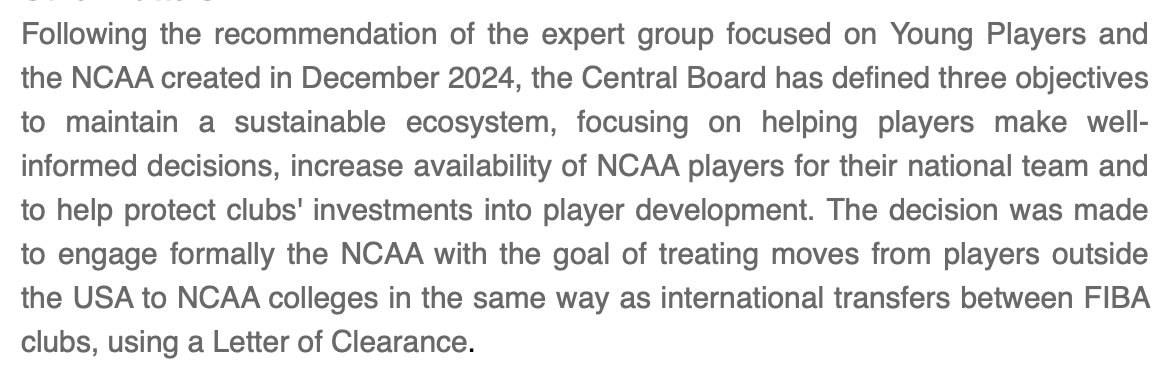 heinnews's tweet photo. Big development from FIBA in terms of NCAA 
 
"Central Board defined 3 objectives for sustainable ecosystem: focus on helping players make well-informed decisions, increase availability of NCAA players for national team; help protect clubs' investments into player development." https://t.co/sDAmyVcQ7S