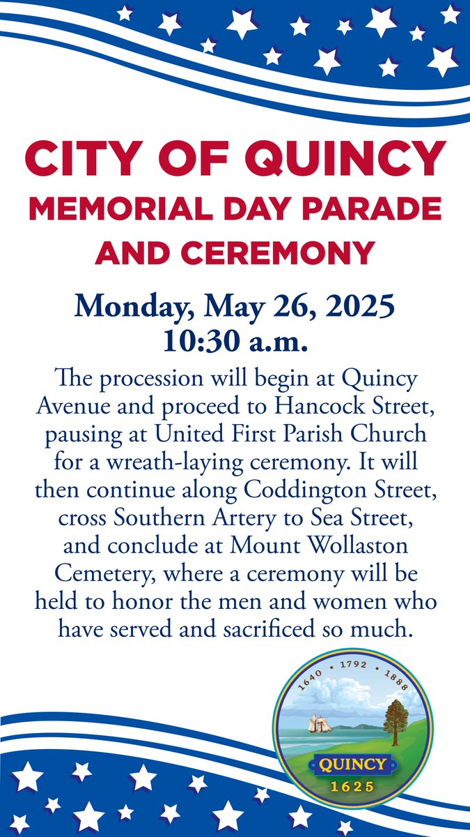 City of Quincy (@cityofquincy) on Twitter photo Join <a href="/CityofQuincy/">City of Quincy</a> for the Memorial Day Parade & Ceremony on May 26, 2025, honoring those who served in the U.S. Armed Forces. Keynote: Hon. Jeffrey K. Clifford, USMC.
Details: quincyma.gov/news_detail_T3… Join <a href="/CityofQuincy/">City of Quincy</a> for the Memorial Day Parade & Ceremony on May 26, 2025, honoring those who served in the U.S. Armed Forces. Keynote: Hon. Jeffrey K. Clifford, USMC.
Details: quincyma.gov/news_detail_T3…