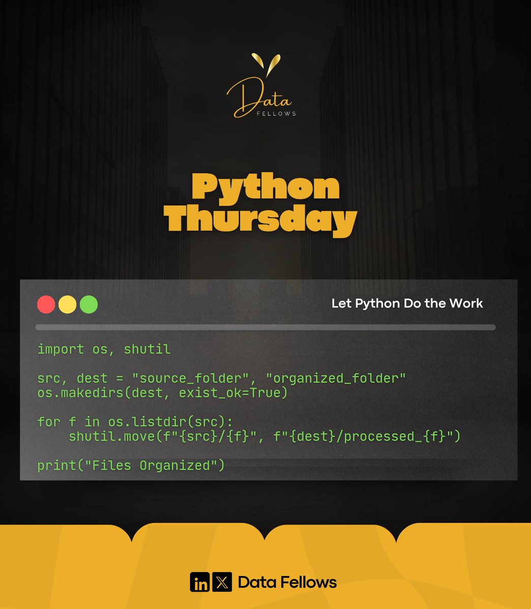 DatafellowsInfo's tweet image. Let Python organize your folders!
A few lines of code can save hours of manual work.
Fun Fact: Python can automate everything from emails to reports.
#PythonThursday #DataFellows #PythonAutomation #DevTips