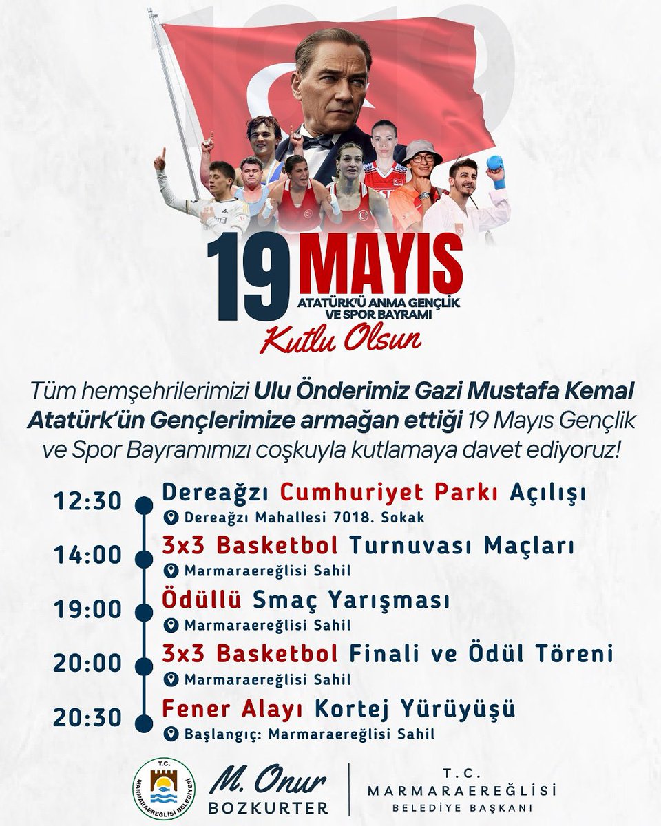 🇹🇷 19 Mayıs Atatürk’ü Anma, Gençlik ve Spor Bayramı’nı coşkuyla kutluyoruz!
Ulu Önderimiz Gazi Mustafa Kemal Atatürk’ün gençliğe armağan ettiği bu anlamlı günde sizleri; açılışlardan turnuvalara, ödüllü yarışmalardan Fener Alayı’na uzanan dopdolu bir programa bekliyoruz!

📍