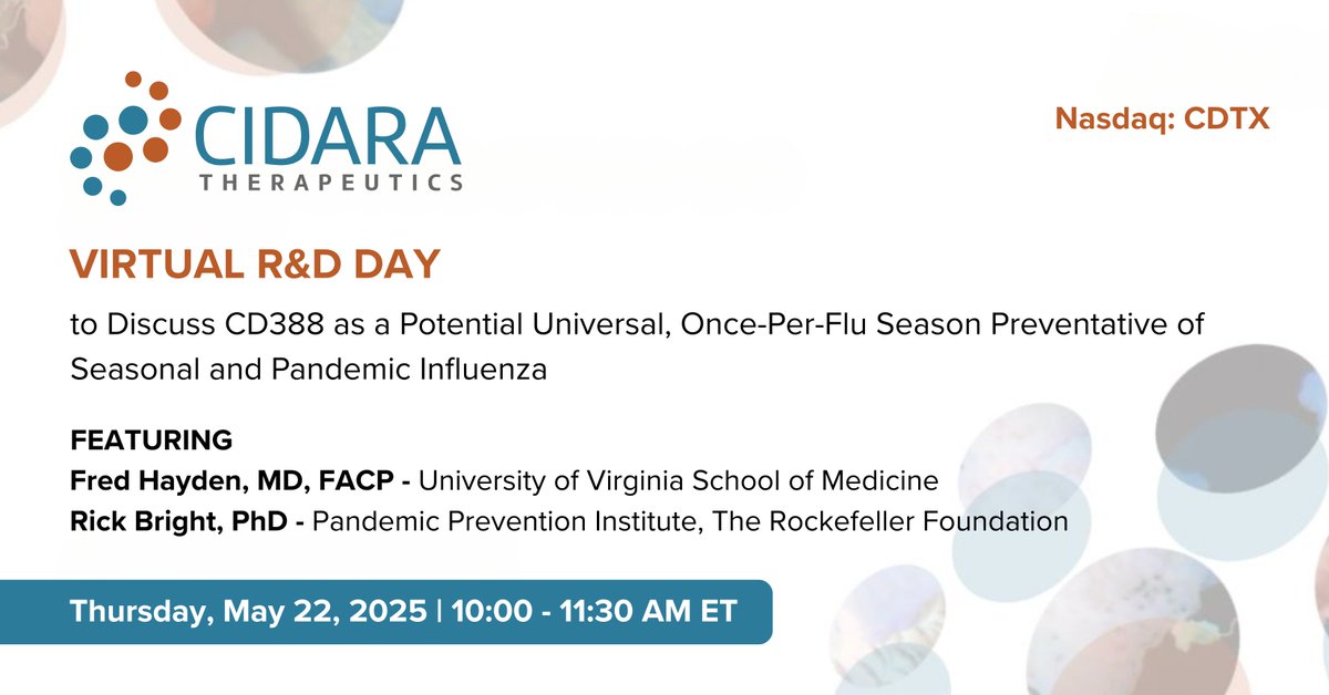 Join <a href="/CidaraThera/">Cidara Therapeutics</a> $CDTX for a virtual R&amp;D Day on May 22 at 10am ET featuring Drs. Fred Hayden and Rick Bright, who will join company management to discuss CD388 as a potential universal, once-per-flu season preventative of influenza.

Register: bit.ly/43eUQFT